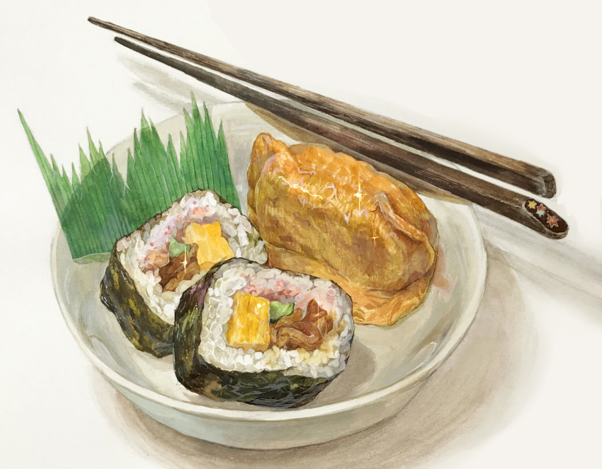 chopsticks food food_focus highres makizushi no_humans omelet original painting_(medium) plate shadow simple_background sparkle still_life sushi tamagoyaki traditional_media user_wfxj3475 watercolor_(medium) white_background