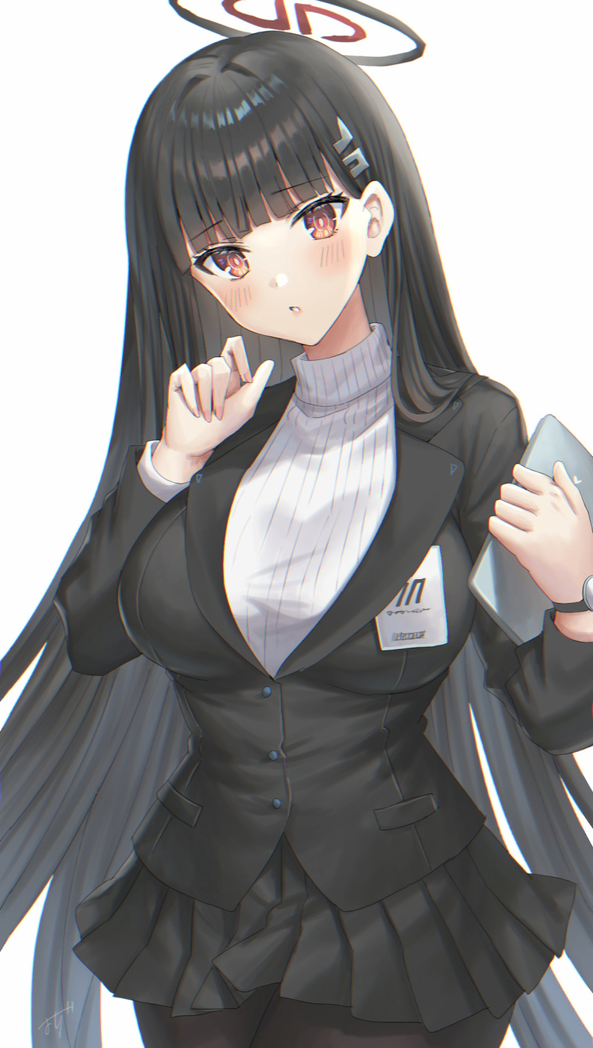 1girl black_hair black_pantyhose black_skirt black_suit blue_archive blunt_bangs blush breasts choppy_bangs commentary_request cowboy_shot formal hair_ornament hairclip halo hand_up highres holding large_breasts long_sleeves looking_at_viewer microskirt oshage_(osyage921) pantyhose parted_lips red_eyes ribbed_sweater rio_(blue_archive) simple_background skirt solo suit sweater turtleneck turtleneck_sweater watch white_background white_sweater wristwatch
