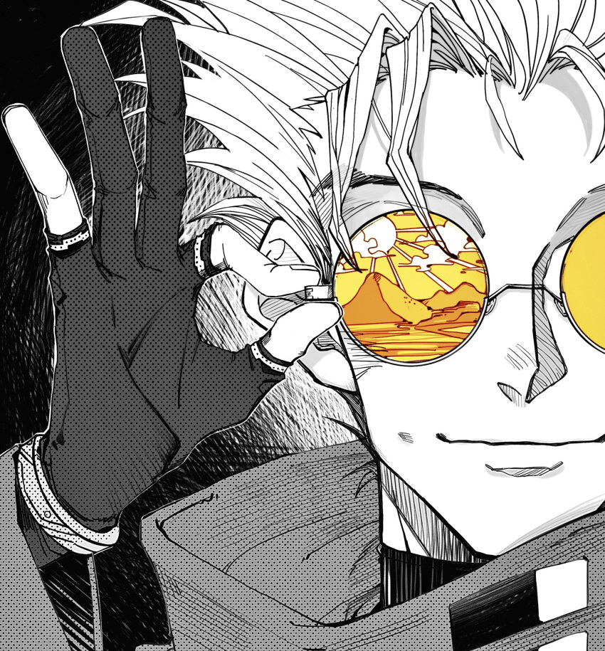 1boy closed_mouth collared_jacket fingerless_gloves gannnmoo glasses gloves greyscale hand_up highres long_sleeves looking_at_viewer male_focus monochrome portrait round_eyewear short_hair smile solo spiked_hair spot_color tinted_eyewear trigun vash_the_stampede yellow-tinted_eyewear