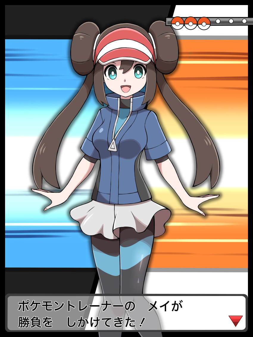 1girl :d absurdres arrow_(symbol) blue_jacket bodysuit bodysuit_under_clothes bright_pupils brown_hair commentary_request cosplay dialogue_box double_bun doughnut_hair_bun green_eyes grey_shorts hair_between_eyes hair_bun highres jacket looking_at_viewer nate_(pokemon) nate_(pokemon)_(cosplay) open_mouth poke_ball_symbol pokemon pokemon_(game) pokemon_bw2 rosa_(pokemon) shabana_may short_shorts shorts smile solo tongue translation_request twintails visor_cap wetsuit white_pupils zipper_pull_tab