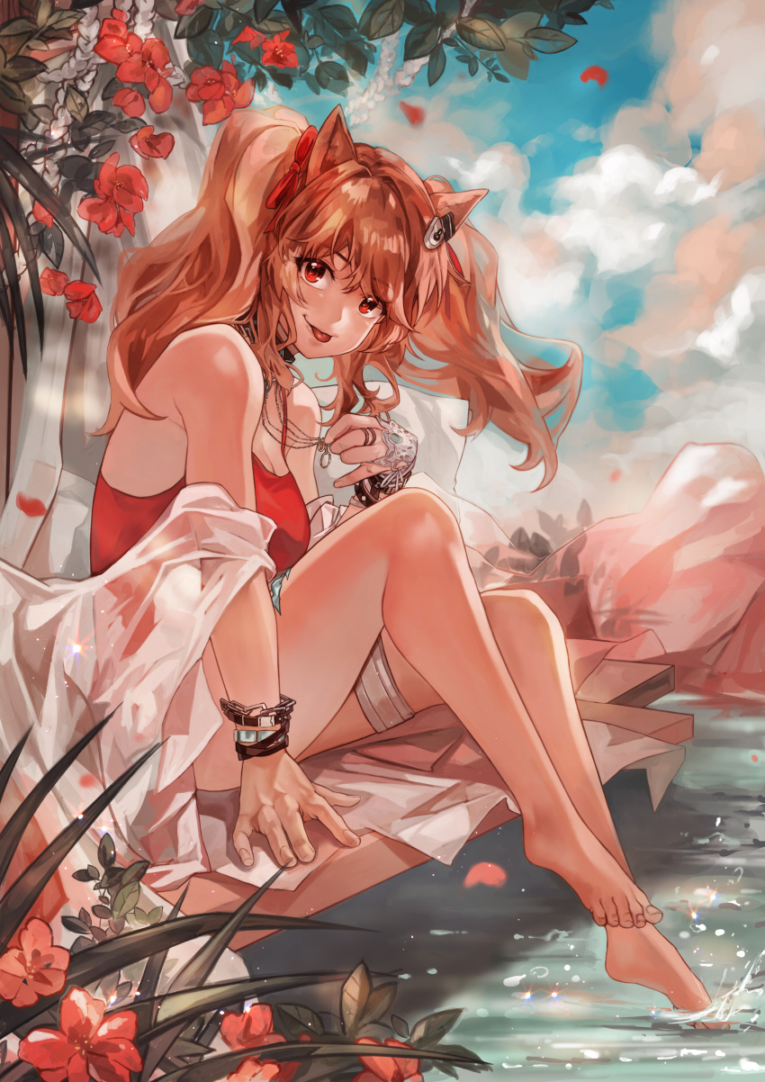 1girl :p absurdres angelina_(arknights) angelina_(summer_flowers)_(arknights) animal_ears arknights bare_legs bare_shoulders barefoot bracelet breasts brown_hair casual_one-piece_swimsuit cleavage closed_mouth cloud collar day flower fox_ears full_body highres holding infection_monitor_(arknights) jewelry large_breasts long_hair looking_at_viewer necklace official_alternate_costume one-piece_swimsuit outdoors red_eyes red_flower red_one-piece_swimsuit sanktkaisersavia see-through smile soaking_feet solo swimsuit thigh_strap tongue tongue_out water