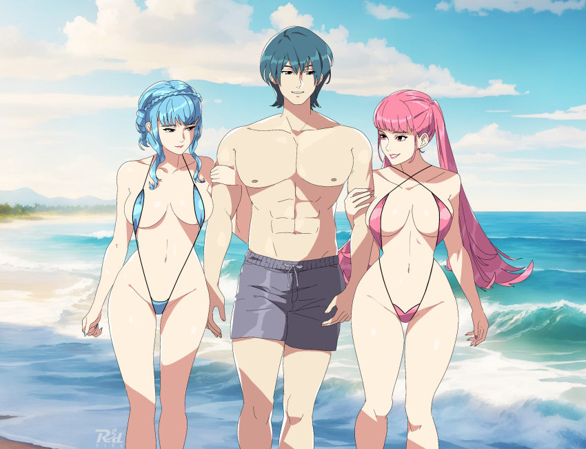 1boy 2girls abs beach blue_hair blue_slingshot_swimsuit breasts byleth_(fire_emblem) byleth_(male)_(fire_emblem) cleavage commission double_arm_hug fire_emblem fire_emblem:_three_houses highres hilda_valentine_goneril male_swimwear marianne_von_edmund multiple_girls muscular muscular_male pink_hair pink_slingshot_swimsuit pixiv_commission r3dfive slingshot_swimsuit smile swim_trunks swimsuit twintails