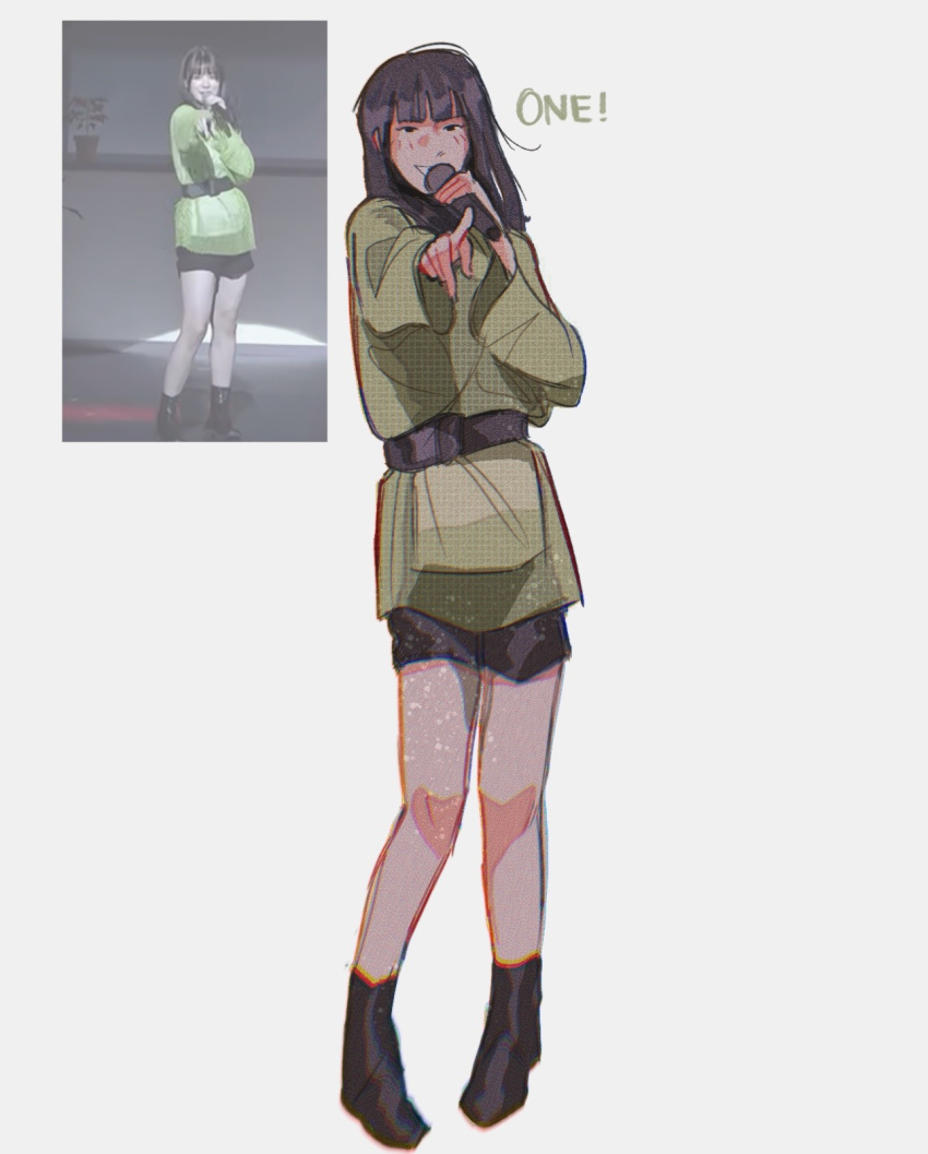 1girl black_footwear black_hair blunt_bangs boots character_request chromatic_aberration commentary dress english_commentary full_body green_dress highres holding holding_microphone long_hair long_sleeves looking_at_viewer microphone mob_psycho_100 mp100days photo_inset pointing reference_inset simple_background smile standing white_background