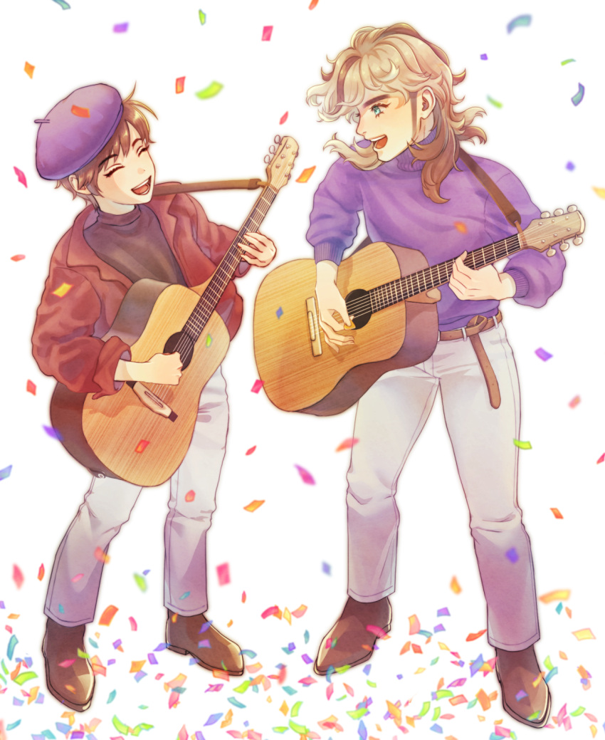 :d arven_(pokemon) belt blue_eyes brown_footwear brown_hair confetti facing_another florian_(pokemon) guitar highres instrument jacket looking_at_another male_focus minminzemi multicolored_hair music pants playing_instrument pokemon pokemon_(game) pokemon_sv purple_headwear purple_shirt red_jacket shirt short_hair singing smile standing streaked_hair