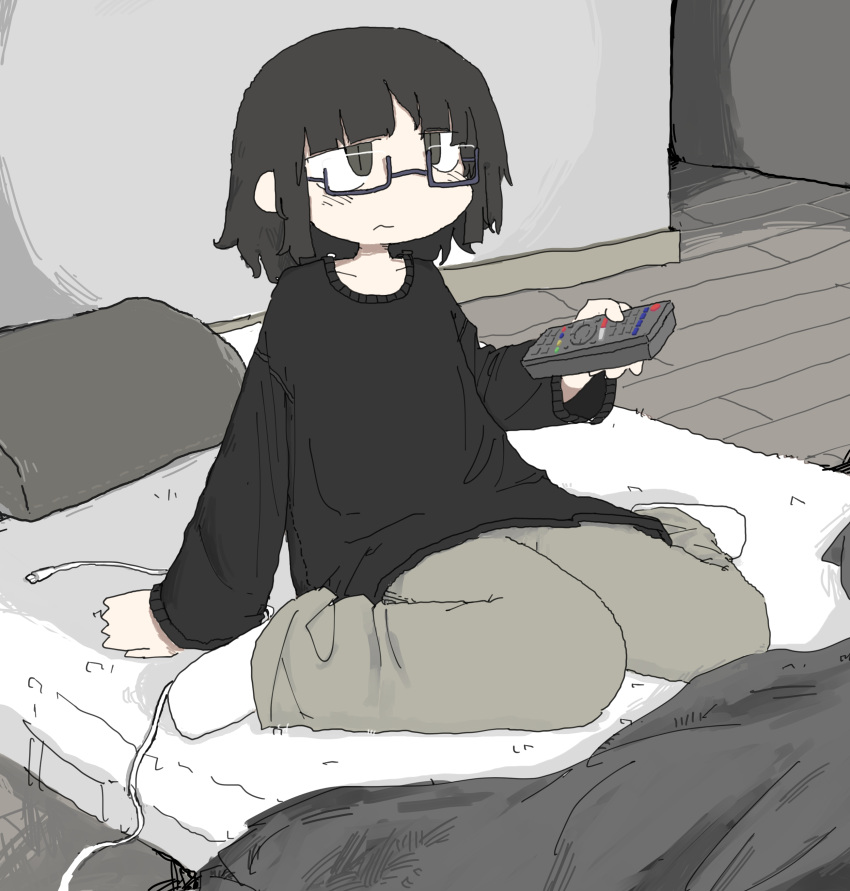 1girl absurdres black_sweater bob_cut controller flat_color frown green_eyes highres holding holding_remote_control indoors on_bed original pants remote_control semi-rimless_eyewear sitting sketch socks solo sweater torosakana wariza white_socks