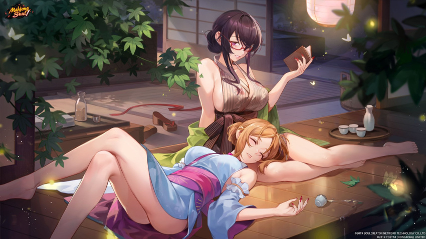 2girls arm_support artist_request ass bamboo_screen barefoot book breasts bucket bug choko_(cup) crossed_legs cup detached_sleeves dripping drunk fireflies hair_bun halterneck head_on_another's_leg highres holding holding_book huge_breasts japanese_clothes kimono lantern lap_pillow leaf legs lips logo long_hair looking_at_viewer mahjong_soul moth multiple_girls nail_polish night obi off_shoulder official_alternate_costume official_art onodera_nanaha orange_hair outdoors paper_lantern parted_lips patio porch reading red-framed_eyewear red_nails red_ribbon ribbon sandals sash semi-rimless_eyewear shoes sideboob sidelocks sitting sleeping spill terasaki_chihori tokkuri tray tree under-rim_eyewear unworn_shoes wooden_porch yokozuwari