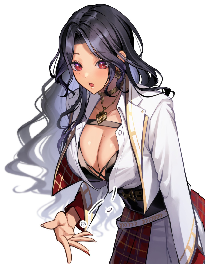 1girl bata000e belt black_hair breasts checkered_clothes checkered_skirt cleavage cropped_jacket dark-skinned_female dark_skin gold_choker gold_necklace highres jacket jewelry long_hair mole mole_on_breast mole_under_eye necklace nijisanji nijisanji_en open_clothes open_mouth open_shirt red_eyes red_nails red_skirt scarle_yonaguni simple_background skirt solo virtual_youtuber wavy_hair white_background white_belt white_jacket
