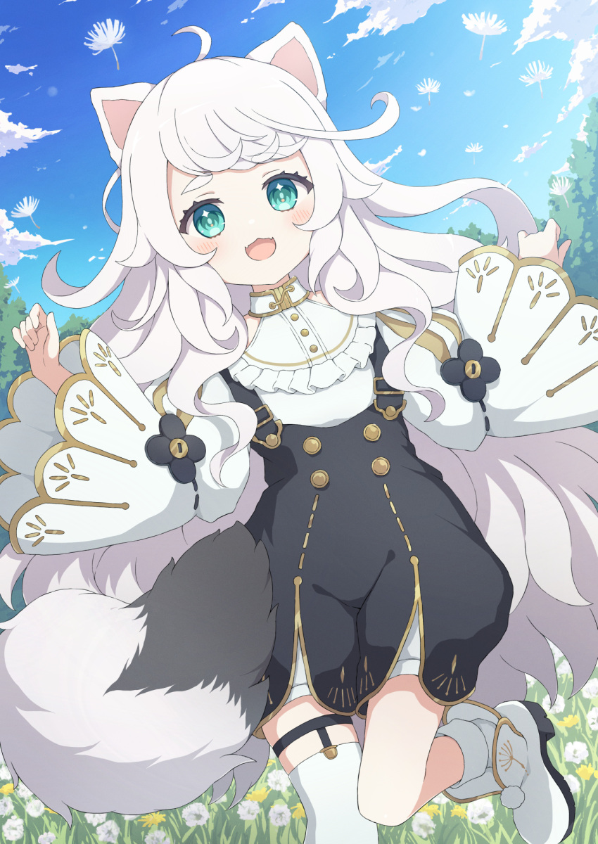 1girl animal_ears blue_sky blush buttons cat_ears cat_girl cloud cloudy_sky commission curly_hair dandelion dandelion_seed day dutch_angle fangs flower frills green_eyes highres long_hair looking_at_viewer open_mouth original outdoors running skeb_commission sky solo thick_eyebrows tyakomes white_hair wide_sleeves