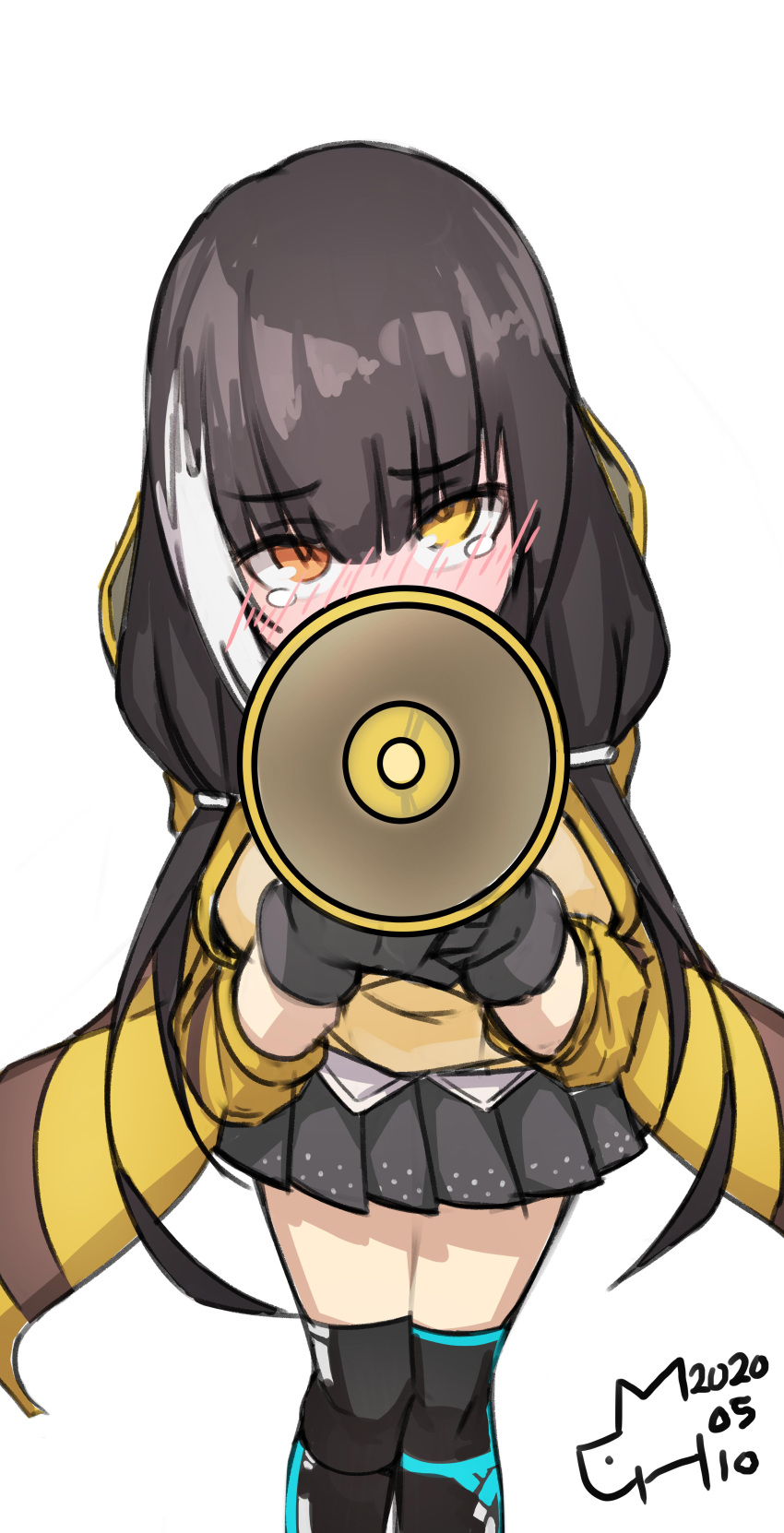 1girl absurdres bad_id bad_pixiv_id black_gloves black_hair black_skirt black_thighhighs blush breasts commentary covered_mouth dated girls'_frontline gloves heterochromia highres holding holding_megaphone hood hood_down hooded_jacket jacket jwh large_breasts long_hair long_sleeves looking_at_viewer low_twintails megaphone multicolored_hair orange_eyes pleated_skirt ro635_(girls'_frontline) shirt signature simple_background skirt solo standing streaked_hair tears thighhighs twintails white_background white_hair yellow_eyes yellow_jacket