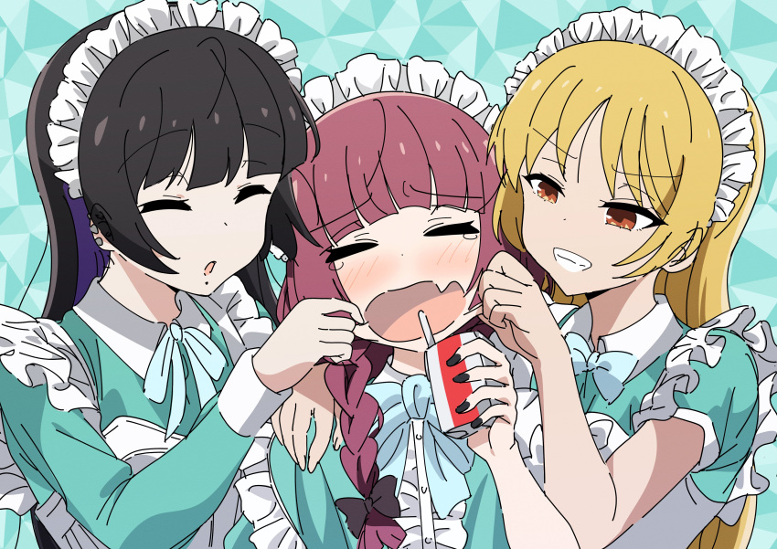 3girls absurdres alcohol_carton alternate_costume apron black_hair blonde_hair blue_background blue_shirt blunt_bangs blush bocchi_the_rock! bow bowtie braid brown_eyes cheek_pinching closed_eyes colored_inner_hair crying enmaided fang frilled_apron frills girl_sandwich goumonsha grin hair_over_shoulder highres hiroi_kikuri holding_carton ijichi_seika long_hair looking_at_another maid maid_apron maid_headdress multicolored_hair multiple_girls open_mouth pa-san parted_bangs pinching purple_hair sandwiched shirt single_braid skin_fang smile upper_body white_apron