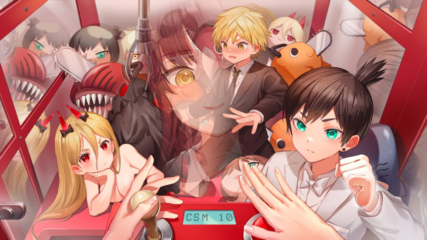 2boys 2girls :3 aged_down alternate_breast_size beam_(chainsaw_man) black_bow black_dress black_hair black_jacket black_necktie black_pants blonde_hair blue_eyes blush bow bowtie breasts chainsaw chainsaw_man character_doll closed_eyes collared_shirt crane_game cross-shaped_pupils denji_(chainsaw_man) dress earrings elbow_rest frilled_dress frills hair_between_eyes hayakawa_aki head_rest higashiyama_kobeni highres horn_bow horn_ornament horns jacket jewelry kiunchiku large_breasts long_hair looking_at_another looking_at_viewer lying makima_(chainsaw_man) multiple_boys multiple_girls necktie on_side open_mouth pants pochita_(chainsaw_man) pov power_(chainsaw_man) red_horns reflection reze_(chainsaw_man) ringed_eyes sharp_teeth shirt shirt_tucked_in short_hair smile stud_earrings suit suit_jacket symbol-shaped_pupils teeth topknot violence_fiend_(chainsaw_man) white_bow white_bowtie white_jacket white_shirt yellow_eyes