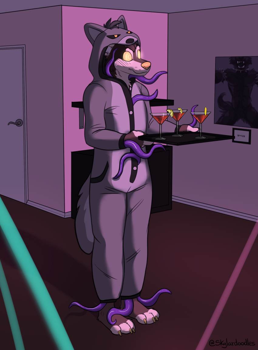 absurd_res anthro apartment bdsm brainwashing canid canine canis clothed clothing cocktail_glass consentacles container coyote cup drinking_glass glass glass_container glass_cup hi_res hypno_eyes hypnosis hypnotic_clothing key kigurumi macchiato_coyote male mammal mind_control onesie party servant serving skylardoodles solo submissive submissive_male tentacle_under_clothing tentacles tray