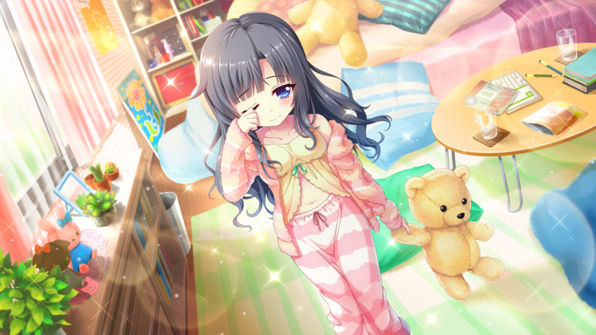 1girl bed bedroom black_hair blue_eyes book book_stack camisole closed_mouth coaster collarbone cup dot_nose drinking_glass dutch_angle film_grain game_cg green_ribbon hair_down holding holding_stuffed_toy indoors itsumura_yukari izumi_tsubasu lens_flare long_hair long_sleeves navel non-web_source official_art one_eye_closed pajamas pen picture_frame pillow pink_pajamas plant poster_(object) potted_plant re:stage! ribbon round_table rubbing_eyes rug single_off_shoulder sleepy solo sparkle stomach stuffed_animal stuffed_rabbit stuffed_toy sunlight table teddy_bear window wooden_table yellow_camisole