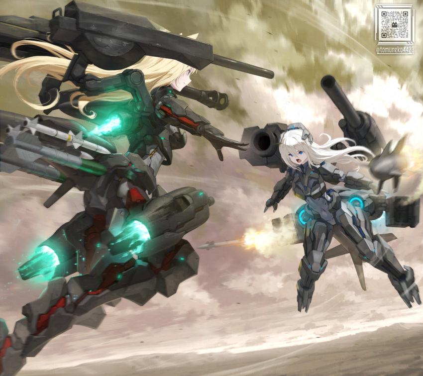 2girls animal_ears armor battle blonde_hair blue_eyes cannon cloud commentary_request flying headgear highres long_hair looking_at_another mecha_musume missile missile_pod motion_blur multiple_girls original qr_code thrusters tom-neko_(zamudo_akiyuki) white_hair