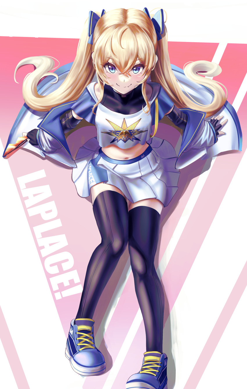 ! 1girl absurdres arm_support bandaid bandaid_on_cheek bandaid_on_face black_gloves black_thighhighs blonde_hair blue_eyes blue_jacket character_name clothes_writing clothing_cutout elbow_gloves fang fingerless_gloves from_above full_body gloves goddess_of_victory:_nikke hair_between_eyes highres holding jacket laplace_(nikke) light_blush long_hair looking_at_viewer manjo_(warito) multicolored_clothes multicolored_jacket off_shoulder on_floor pleated_skirt print_shirt shirt shoes short_sleeves shoulder_cutout sidelocks sitting skin_fang skirt smile sneakers solo sunglasses thighhighs twintails white_jacket zettai_ryouiki