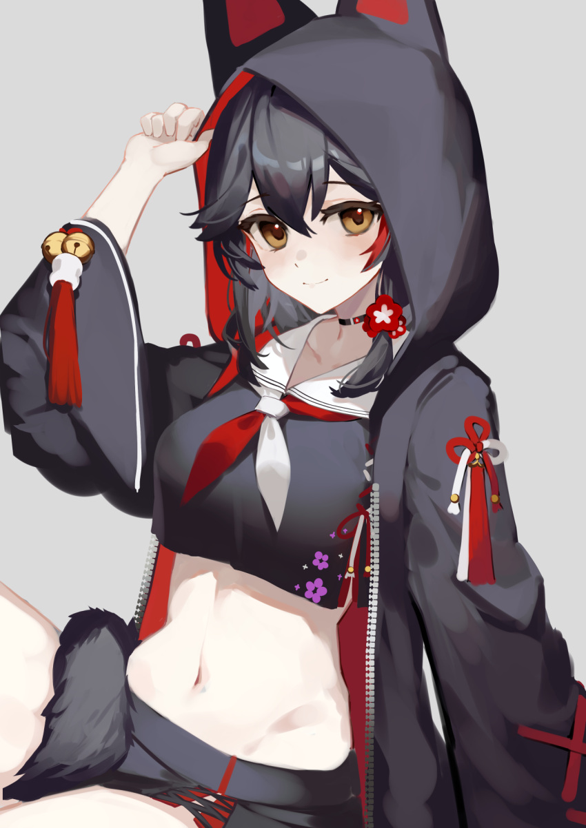 1girl animal_ears black_hair black_hood black_jacket black_shirt breasts cine_(wazd0183) cropped_shirt highres hololive hood hood_up jacket long_hair looking_at_viewer medium_breasts multicolored_hair official_alternate_costume ookami_mio ookami_mio_(7th_costume) red_hair shirt smile solo streaked_hair tail tail_around_own_leg virtual_youtuber wolf_ears wolf_girl wolf_hood wolf_tail yellow_eyes