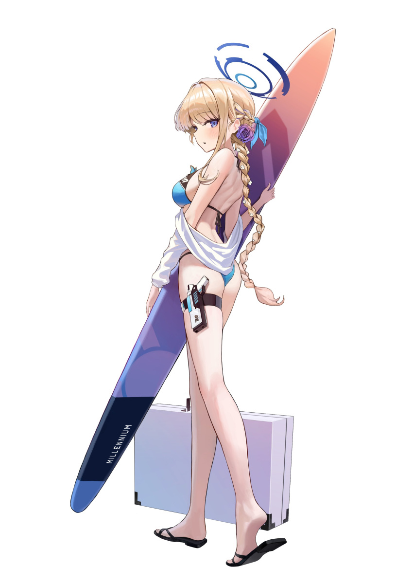 1girl absurdres alternate_costume ass bare_back bare_shoulders bikini black_footwear black_straps blonde_hair blue_archive blue_bikini blue_ribbon braid braided_ponytail breasts case flower full_body gun hair_flower hair_ornament hair_ribbon halo highres holding holding_surfboard jacket long_hair long_sleeves looking_at_viewer looking_back medium_breasts open_mouth purple_eyes purple_flower ribbon sandals shotgun simple_background solo surfboard swimsuit thigh_strap toki_(blue_archive) weapon white_background white_jacket yarn_(yarn_03)