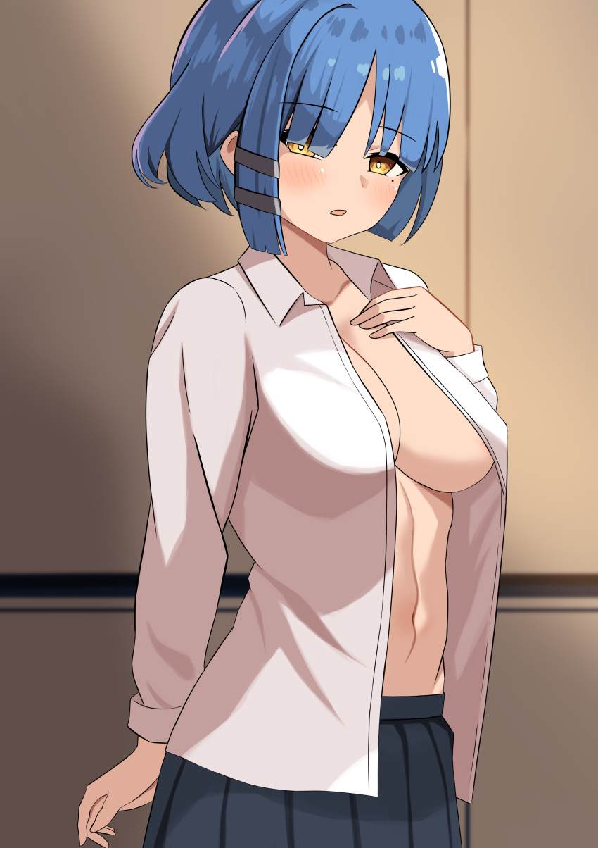 1girl absurdres aprico black_skirt blue_hair blush bocchi_the_rock! breasts cleavage collared_shirt commentary_request hand_on_own_chest highres large_breasts long_sleeves looking_at_viewer mole mole_under_eye navel open_clothes open_shirt pleated_skirt school_uniform shimokitazawa_high_school_uniform shirt short_hair skirt solo standing white_shirt yamada_ryo yellow_eyes