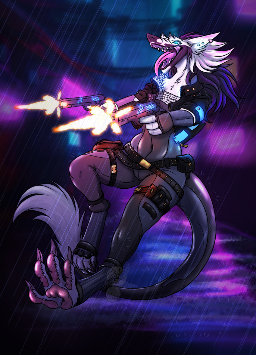 anthro clothed clothing digitigrade dual_wielding female gun handgun hi_res holding_object holding_weapon open_mouth ozai_(sergal_harem) pistol raining ranged_weapon rubber_clothing rubber_suit sergal shooting solo weapon