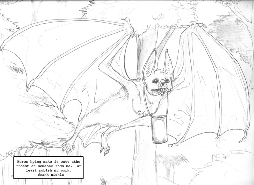 anthro arania bat bat_wings breasts english_text female flying forest frank_nickels herm_(lore) mammal membrane_(anatomy) membranous_wings microbat nipples nude open_mouth phyllostomid plant solo spread_wings tail text the_cabin_in_the_woods_(arania) tree vampire_bat winged_arms wings yangochiropteran