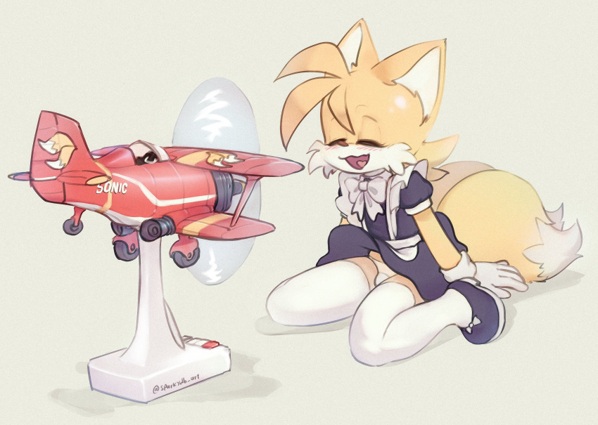 2_tails absurd_res aircraft airplane anthro blush bow_ribbon canid canine clothed clothing crossdressing electric_fan eyes_closed footwear fox girly hi_res kneeling legwear maid_uniform male mammal miles_prower multi_tail oscillating_fan panties panty_shot sega socks solo sonic_the_hedgehog_(series) sparkydb tail thigh_highs thigh_socks tornado_(aircraft) underwear uniform