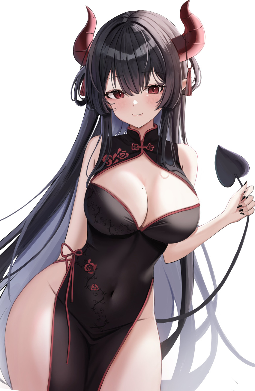 1girl :3 absurdres bare_shoulders black_dress black_hair black_nails breasts china_dress chinese_clothes cleavage cleavage_cutout closed_mouth clothing_cutout covered_navel cowboy_shot demon_girl demon_horns demon_tail dress hair_rings highres holding_own_tail horn_ornament horns large_breasts long_hair looking_at_viewer mole mole_on_breast nail_polish nannung no_panties original pelvic_curtain pointy_ears red_eyes side-tie_dress sleeveless sleeveless_dress smile solo tail thighs