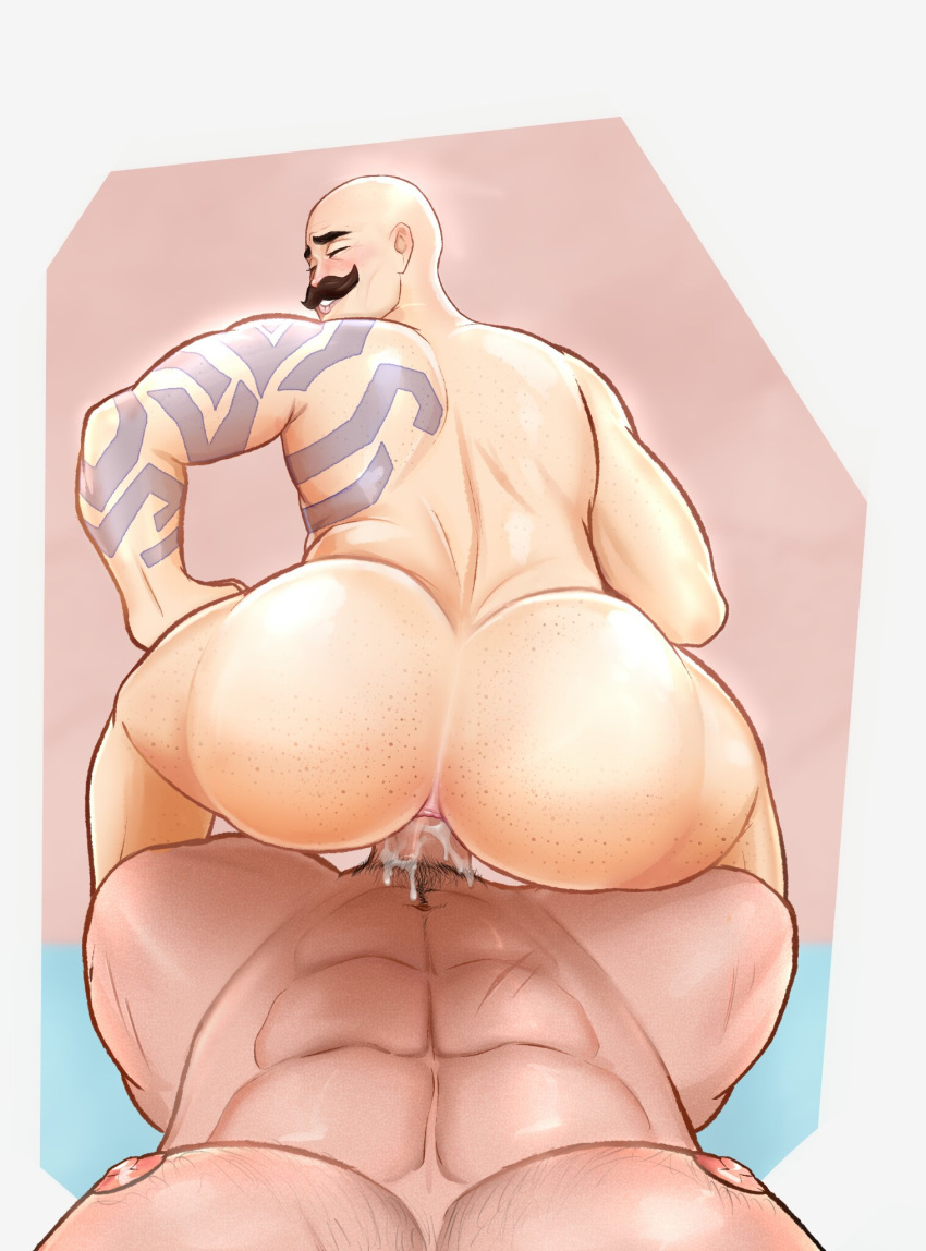 2boys abs anal arm_tattoo ass ass_freckles bald bara blush body_freckles braum_(league_of_legends) completely_nude cum cum_overflow deep_penetration erection facing_viewer freckles from_behind furrowed_brow girthy_penis highres huge_ass large_pectorals league_of_legends male_focus mature_male multiple_boys muscular muscular_male navel navel_hair nipples notsafezin nude pectorals penis pov pov_crotch power_bottom sex simple_background smile solo_focus strongman_waist tattoo thick_mustache tryndamere uncensored veins veiny_penis yaoi