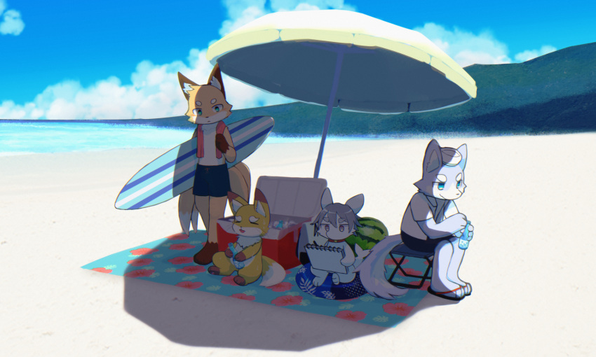 ambiguous_gender anthro beach beach_towel beach_umbrella beverage blue_body blue_fur bottomwear brown_body brown_fur canid canine canis clothing collar cooler dipstick_ears dipstick_tail fish food footwear fox fruit fur group hi_res male mammal marine markings melon multicolored_ears orange_body orange_fur plant sandals seaside shark shorts sitting surfboard tail tail_markings taka_fin9623 towel watermelon white_body white_fur wolf