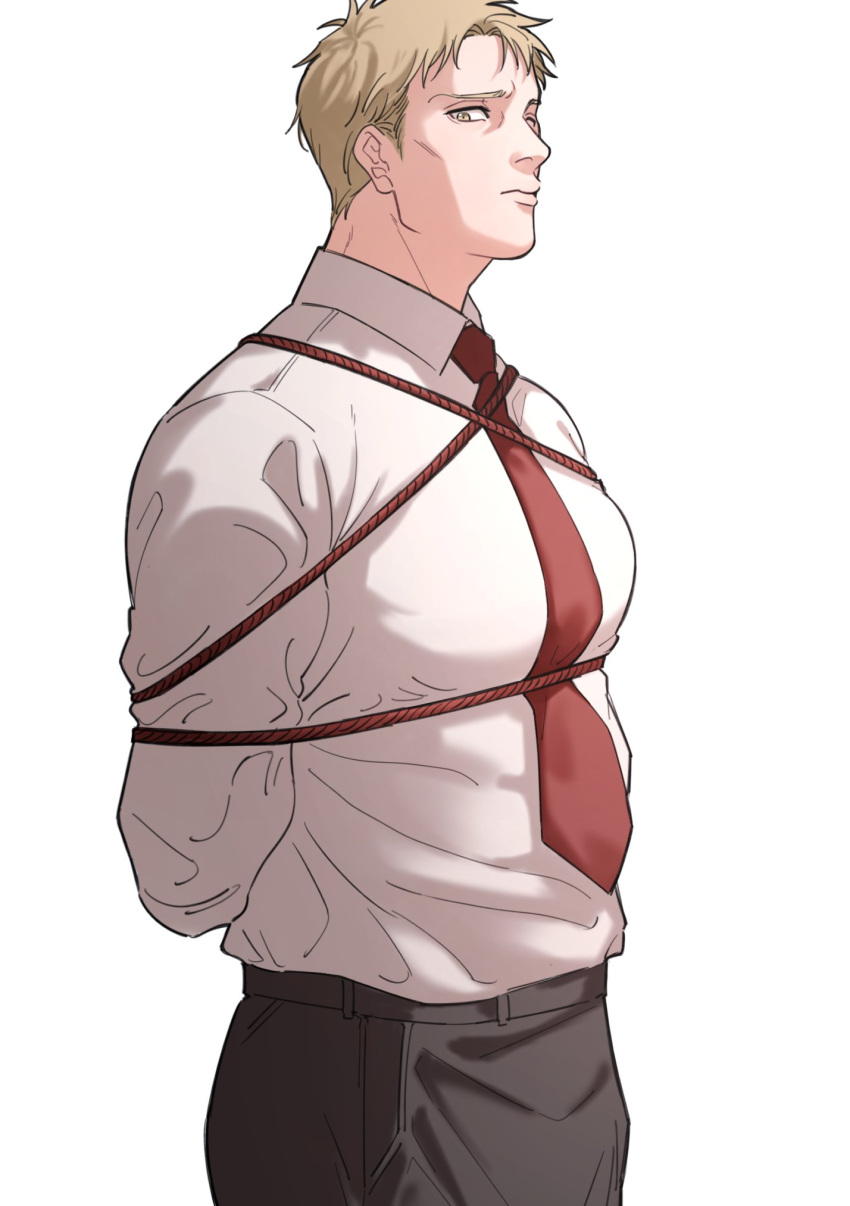 1boy alternate_costume alternate_facial_hair arms_behind_back bara bdsm bondage bound collared_shirt highres large_pectorals looking_at_viewer looking_to_the_side male_focus muscular muscular_male necktie pectorals red_necktie red_rope reiner_braun rope saki00 salaryman shibari shingeki_no_kyojin shirt short_hair sideburns solo standing underbust