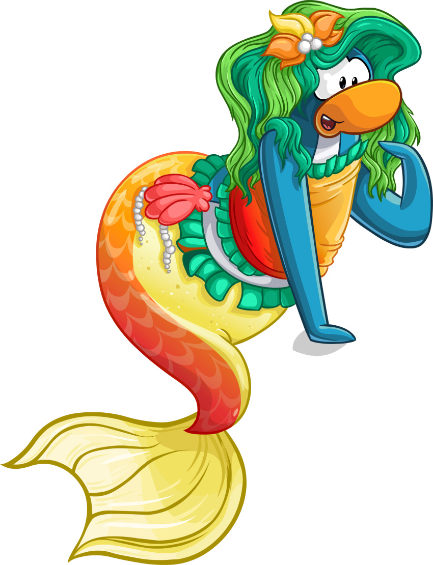 absurd_res accessory avian bird blue_hair clothing club_penguin female fish_tail full-length_portrait green_hair hair hair_accessory hi_res long_hair marine merfolk multicolored_hair official_art open_mouth orange_clothing orange_shirt orange_topwear penguin portrait shirt sleeveless_shirt solo split_form topwear two_tone_hair unknown_artist