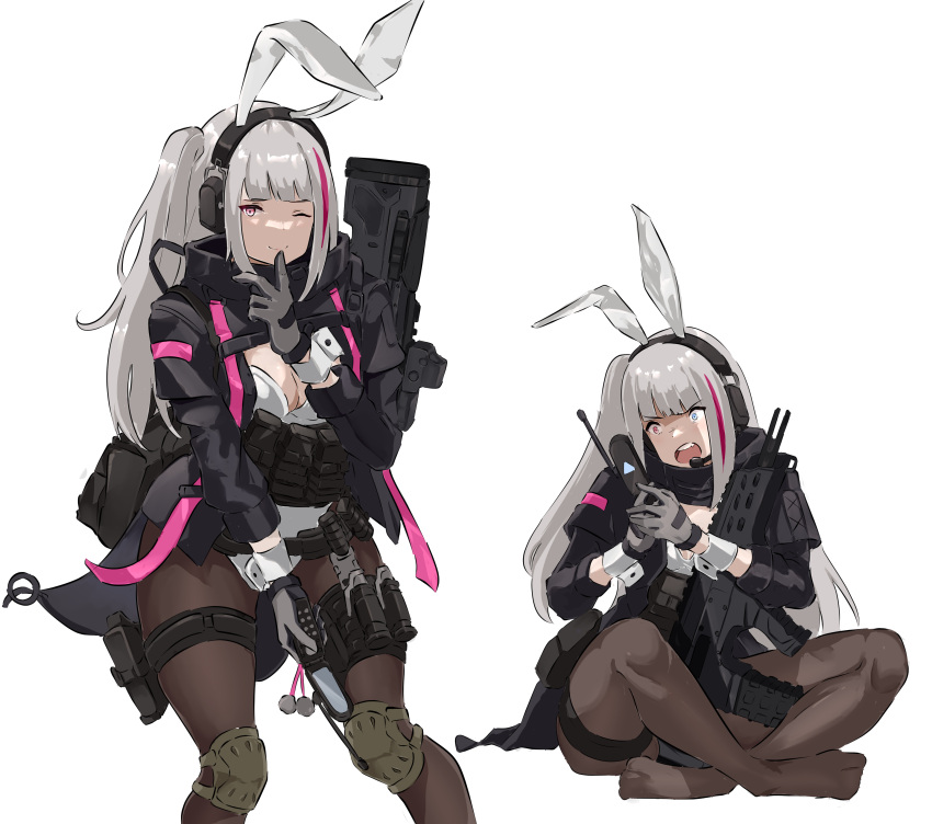 1girl absurdres angry animal_ears black_bag black_jacket black_pantyhose blue_eyes breasts cellphone cleavage commentary constricted_pupils desert_tech_mdr fake_animal_ears feet feet_out_of_frame finger_to_mouth flip_phone full_body girls'_frontline gloves grey_gloves grey_hair headset heterochromia highres holding holding_phone holster indian_style jacket knee_pads legs leotard long_hair looking_at_phone looking_at_viewer mdr_(girls'_frontline) multicolored_hair mutugorou_u no_shoes one_eye_closed one_side_up open_mouth pantyhose phone pink_eyes pink_hair playboy_bunny rabbit_ears simple_background sitting smile snap-fit_buckle streaked_hair teeth thigh_holster upper_teeth_only v-shaped_eyebrows white_background white_leotard white_wrist_cuffs