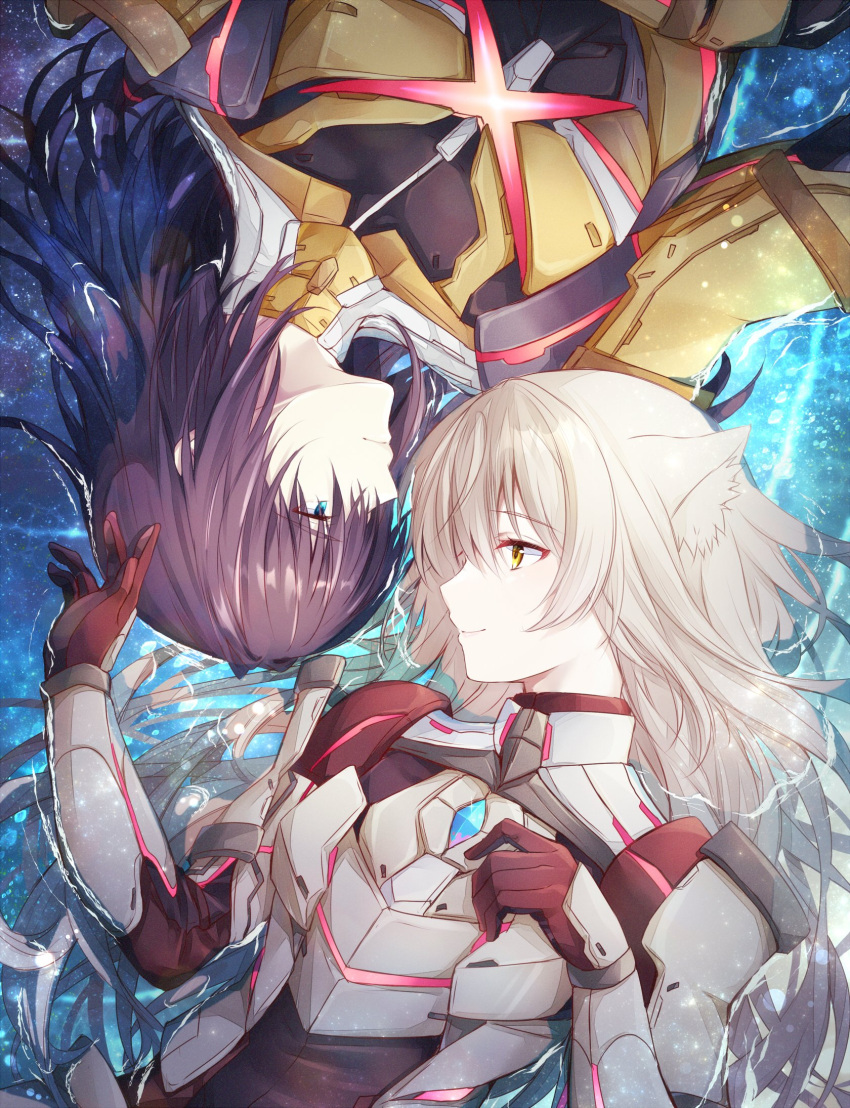 1boy 1girl animal_ear_fluff animal_ears armor armored_bodysuit black_bodysuit black_hair blue_eyes bodysuit breastplate brown_eyes brown_gloves cat_ears chest_jewel closed_mouth commentary_request core_crystal_(xenoblade) couple gloves grey_hair highres long_hair looking_at_another lying m_(xenoblade) n_(xenoblade) partially_submerged profile smile ui_frara very_long_hair water xenoblade_chronicles_(series) xenoblade_chronicles_3