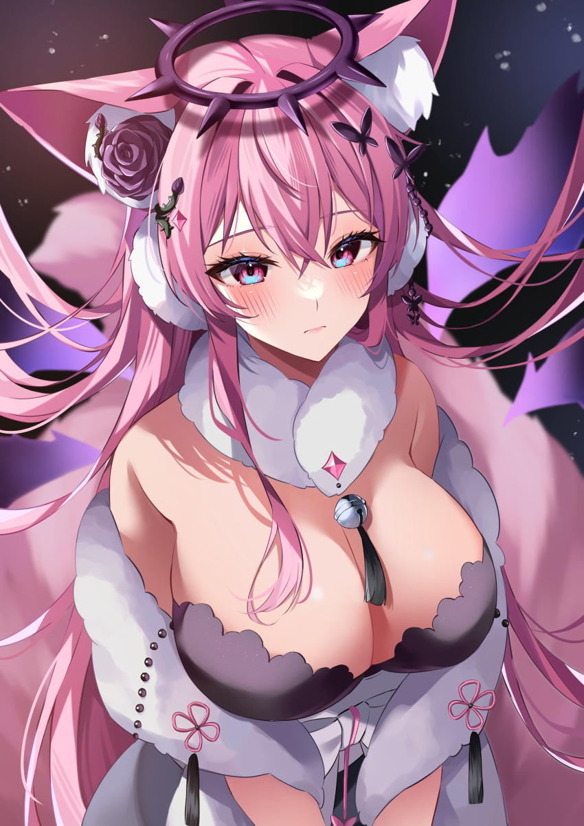 1girl absurdres animal_ear_fluff animal_ears bell black_dress black_flower black_rose blush breasts butterfly_hair_ornament cat_ears chinese_knot cleavage dark_halo dress flower fur_(clothing) hair_between_eyes hair_flower hair_ornament halo highres indie_virtual_youtuber jingle_bell long_hair moonbell multicolored_eyes neck_bell pink_hair rose second-party_source solo tassel upper_body yuni_nya