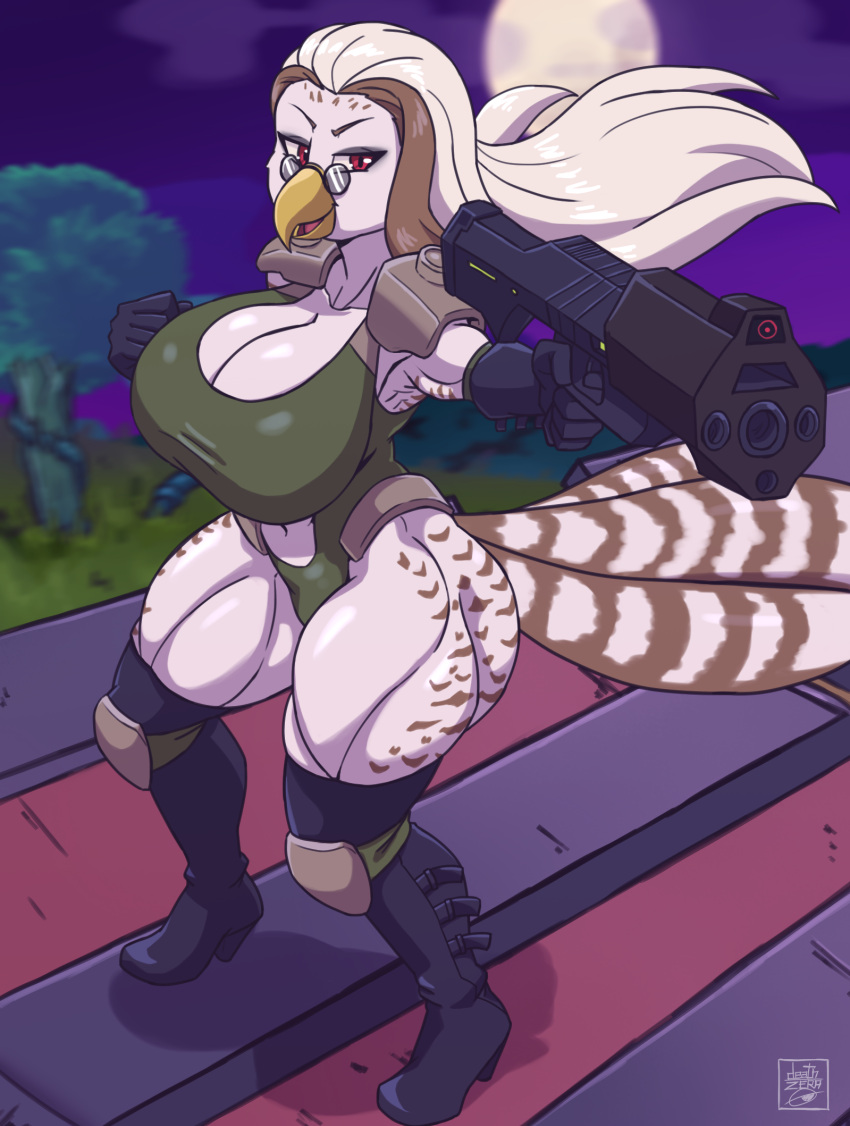 anthro armor assimilated_tree avian big_breasts bird boots breasts buckshot_berlin clothing deathzera eyewear falcon falconid famwammer female footwear full_moon gun gyrfalcon hi_res high_heels highlights_(coloring) huge_breasts knee_boots knee_highs knee_pads legwear leotard moon pauldron ranged_weapon rifle shotgun solo sunglasses train vehicle weapon