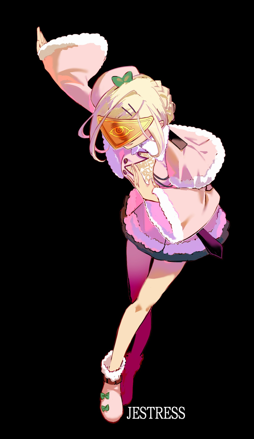 1girl absurdres beret black_background blonde_hair character_name ciconia_no_naku_koro_ni coat full_body hat highres jestress legs mask pink_coat pink_footwear short_hair sidelocks simple_background smile solo standing tof55832292