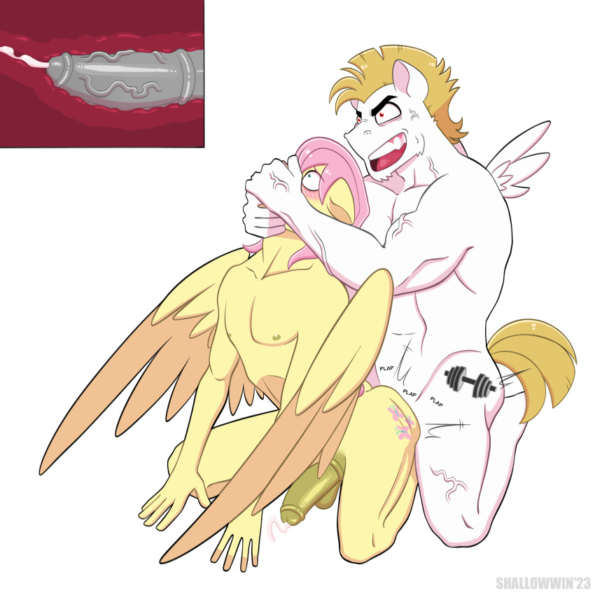 anal anal_penetration animal_genitalia animal_penis anthro anthrofied blonde_hair blush bodily_fluids bulk_biceps_(mlp) covering covering_mouth crossgender cum earth_pony equid equine equine_genitalia equine_penis erection fluttershy_(mlp) friendship_is_magic ftm_crossgender genital_fluids genitals hair hasbro hi_res horse internal_anal male male/male mammal my_little_pony pegasus penetration penis pink_hair pony red_eyes sex shallowwin white_body wings