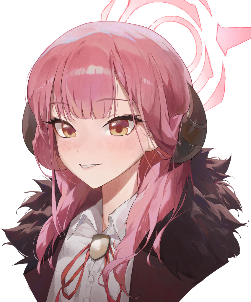 1girl absurdres aru_(blue_archive) black_horns blue_archive blush brown_coat brown_eyes coat collared_shirt demon_horns fur-trimmed_coat fur_trim halo highres horns long_hair neck_ribbon ninebell open_mouth pink_hair pink_halo portrait red_ribbon ribbon shirt simple_background solo white_background white_shirt