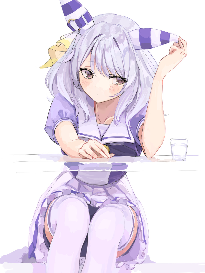 1girl absurdres animal_ears blush breasts brown_eyes closed_mouth ear_covers glass grey_hair highres hishi_miracle_(umamusume) horse_ears looking_at_viewer medium_breasts medium_hair school_uniform short_hair sitting solo table thighhighs tracen_school_uniform tsurubami_(gaad5227) umamusume water white_background