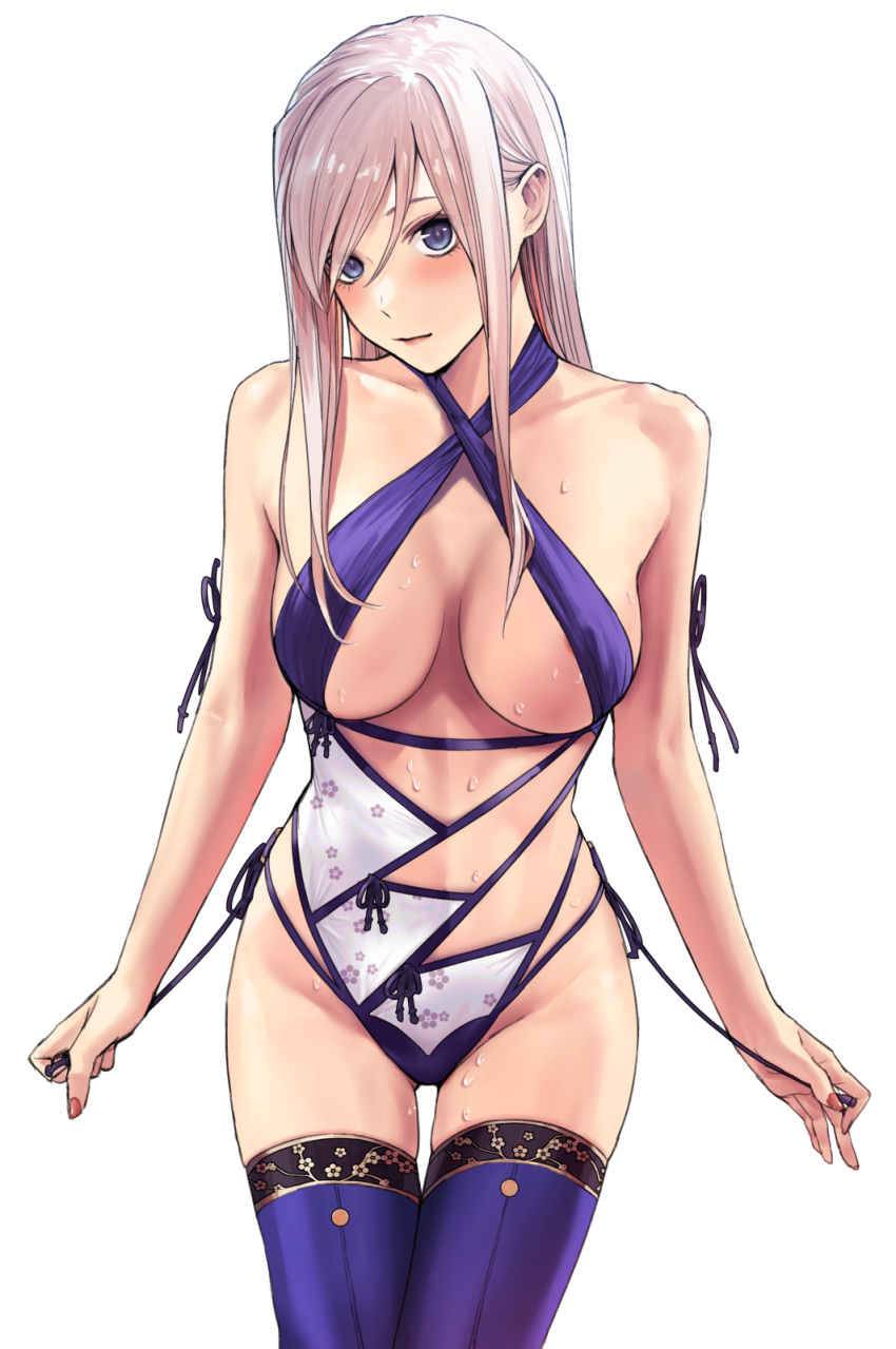 1girl applekun blue_eyes blue_one-piece_swimsuit blue_thighhighs breasts casual_one-piece_swimsuit criss-cross_halter fate/grand_order fate_(series) halterneck highleg highleg_swimsuit highres large_breasts long_hair miyamoto_musashi_(fate) miyamoto_musashi_(swimsuit_berserker)_(fate) miyamoto_musashi_(swimsuit_berserker)_(third_ascension)_(fate) multi-strapped_swimsuit one-piece_swimsuit pink_hair print_swimsuit side-tie_swimsuit solo swimsuit thighhighs two-tone_swimsuit white_one-piece_swimsuit