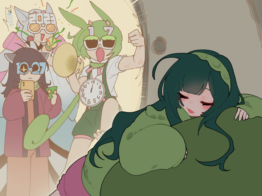 4girls :3 ahoge analog_clock animal_ears barefoot blunt_bangs brown_hair clock clock_necklace confetti covered_eyes dated drooling food-themed_eyewear fox_ears fox_girl funny_glasses fusuma glasses glint green_hair green_hairband green_hoodie hair_down hairband hanten_(clothes) headgear highres holding holding_megaphone holding_party_popper holding_phone hood hood_down hoodie indoors japanese_clothes kimono long_hair long_sleeves low_ponytail marutsubo megaphone multiple_girls nhk_(voiceroid) novelty_glasses on_pillow open_mouth opening_door orange-tinted_eyewear orange_pajamas pajamas phone pink_shorts puffy_short_sleeves puffy_sleeves red_eyeliner shirt short_sleeves shorts siblings sisters slamming_door sleeping sleeves_past_wrists sliding_doors standing standing_on_one_leg sunglasses suspender_shorts suspenders taking_picture tinted_eyewear touhoku_itako touhoku_kiritan touhoku_zunko veins very_long_hair voiceroid voicevox white_kimono white_shirt zunda_mochi zundamon