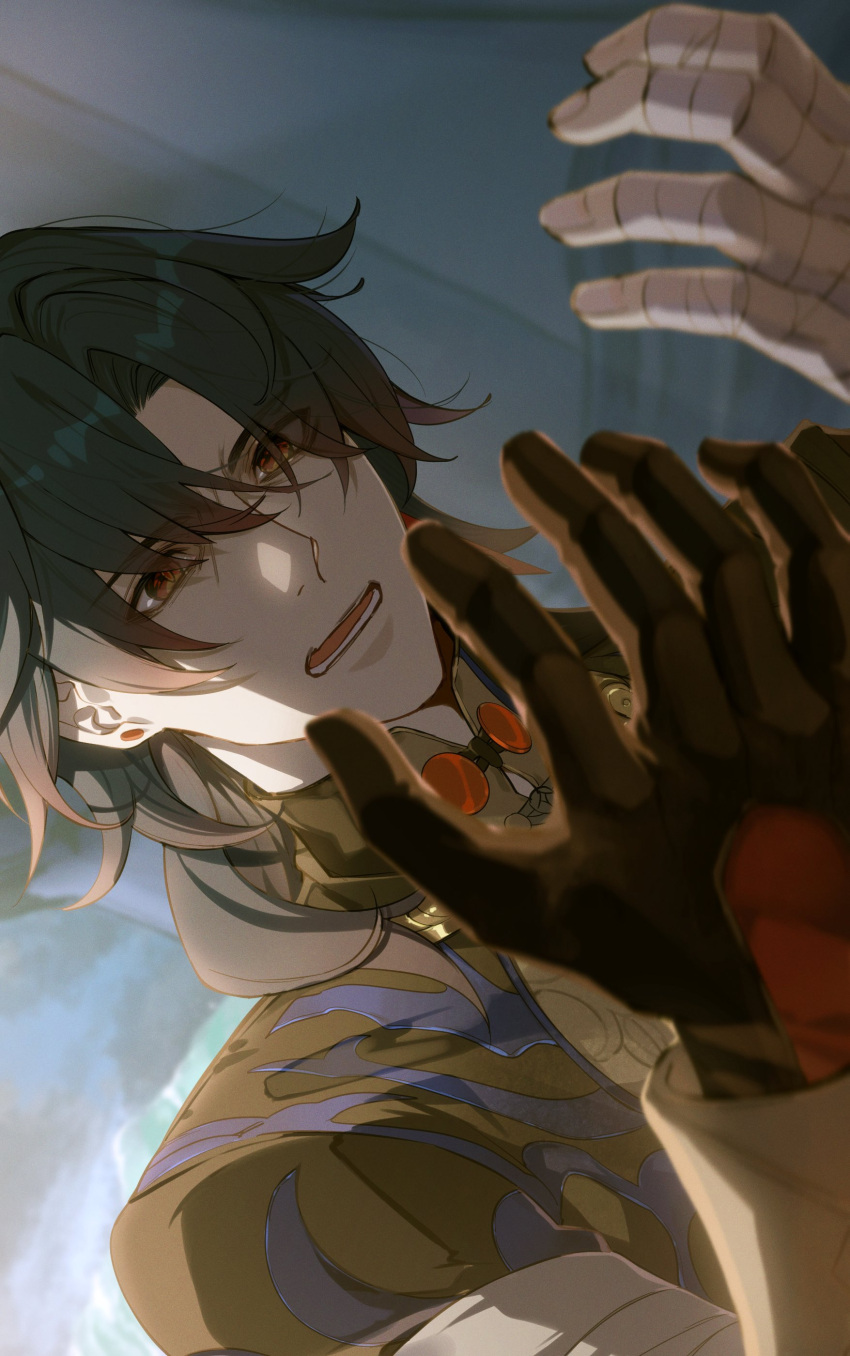 1boy absurdres bandaged_hand bandages black_gloves blade_(honkai:_star_rail) chinese_commentary earrings gloves highres honkai:_star_rail honkai_(series) jewelry long_hair looking_at_hands male_focus open_mouth parted_bangs red_eyes single_glove solo upper_body zassyoku_dd