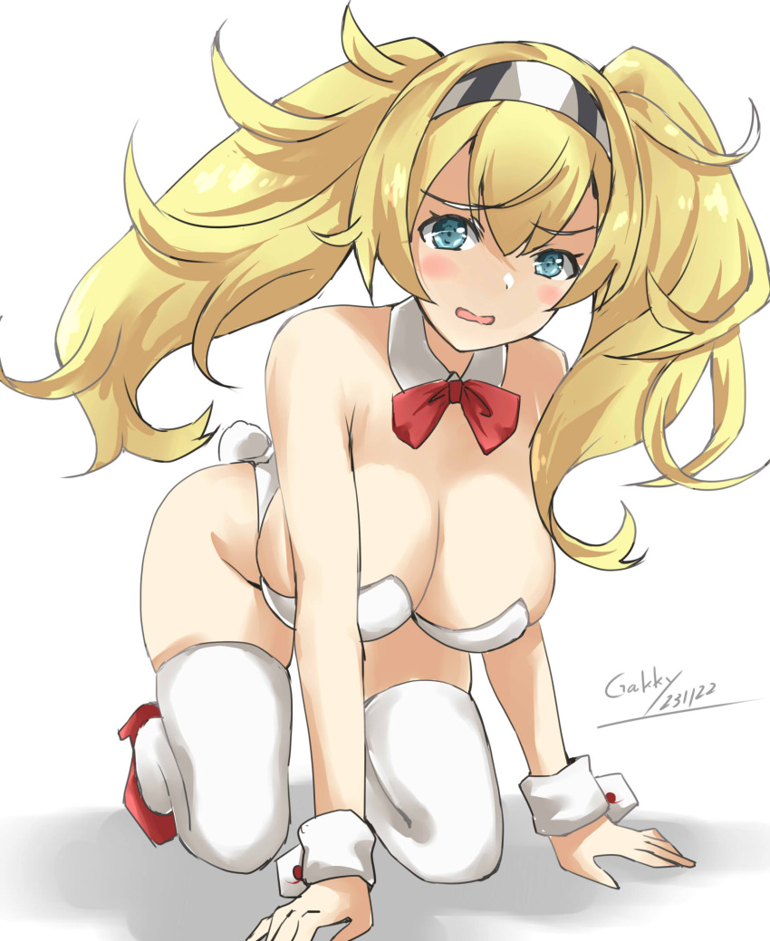 1girl alternate_costume artist_name blonde_hair blue_eyes blush bow bowtie breasts cleavage dated detached_collar fake_tail gakky gambier_bay_(kancolle) grey_hairband hairband highres kantai_collection kneeling large_breasts leotard long_hair on_ground one-hour_drawing_challenge open_mouth playboy_bunny red_bow red_bowtie red_footwear simple_background solo tail thighhighs twintails white_background white_leotard white_thighhighs wrist_cuffs