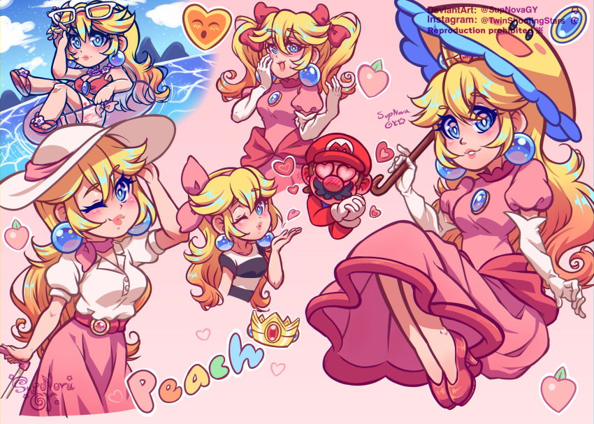 1boy 1girl bikini blonde_hair blowing_kiss blue_eyes blush bow breasts brooch brown_hair character_name cleavage deviantart_username dress earrings elbow_gloves eyewear_on_head facial_hair gloves hair_bow hat heart highres holding holding_umbrella innertube instagram_username jewelry long_hair looking_at_viewer mario mario_(series) multiple_views mustache official_alternate_costume one_eye_closed open_mouth overalls perry_(mario) pink_bow pink_dress princess_peach princess_peach_(swimwear) princess_peach_(vacation) puffy_short_sleeves puffy_sleeves red_headwear rosie_(supnovagy) shirt short_sleeves short_twintails sphere_earrings spoken_heart sunglasses super_mario_odyssey super_princess_peach swimsuit twintails umbrella water watermark white-framed_eyewear white_gloves white_shirt