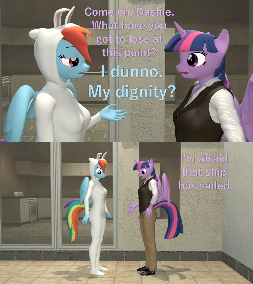 anthro anthrofied biped bottomwear breasts bunny_costume clothed clothing costume dialogue duo english_text equid equine female friendship_is_magic hasbro hi_res horn mammal my_little_pony pants papadragon69 pegasus rainbow_dash_(mlp) standing text twilight_sparkle_(mlp) winged_unicorn wings