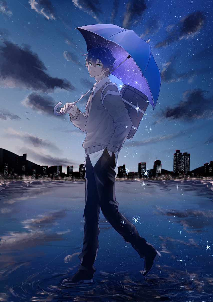 1boy bag black_footwear black_pants blue_eyes blue_sky blue_umbrella building character_request check_character check_copyright closed_mouth cloud collared_shirt commentary_request copyright_request full_body grey_sweater hair_between_eyes hand_in_pocket highres holding holding_umbrella kaito_(vocaloid) long_sleeves looking_at_viewer male_focus outdoors pants parang_99 ripples school_bag school_uniform shirt sky smile solo star_(sky) sweater umbrella vocaloid water