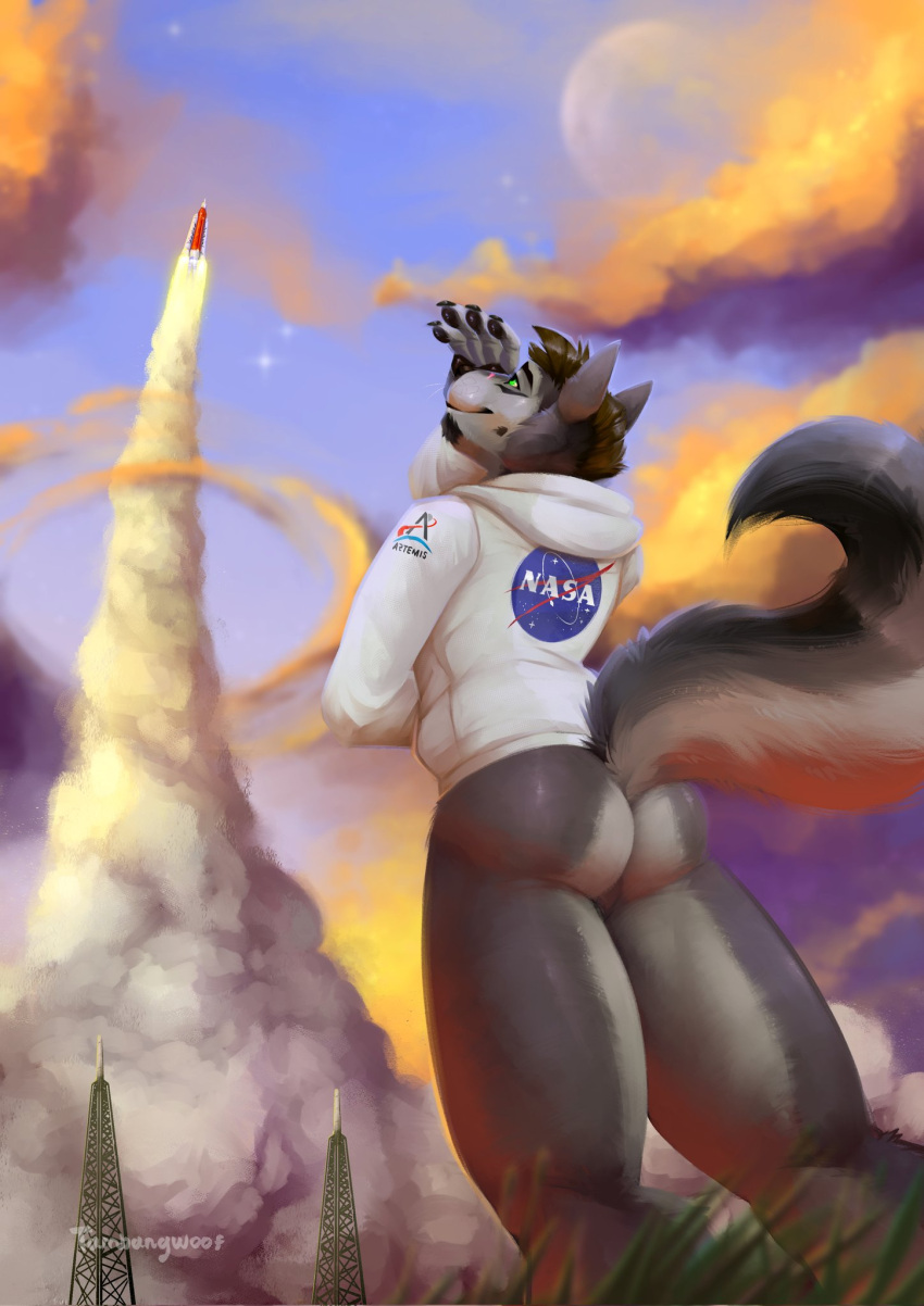 2023 anthro beard big_butt bottomless bottomless_anthro bottomless_male butt canid canine canis claws clothed clothing cloud day detailed_background eyebrows facial_hair fur grass hair hi_res hoodie logo low-angle_view male mammal nasa outside pawpads plant rear_view rocket scar signature sky smile solo spacecraft standing steam tambangwoof thick_thighs topwear tuft vehicle wolf
