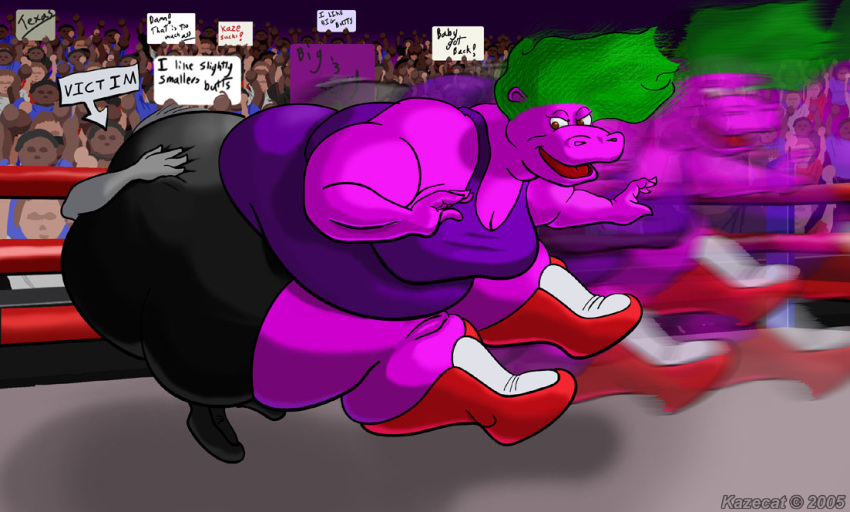 2005 ambiguous_gender anthro belly bertha_(kazecat) big_belly big_breasts big_butt boots bottomwear breasts butt butt_bump clothed clothing common_hippopotamus crowd digital_media_(artwork) duo female fighting_ring footwear green_hair group hair hippopotamid huge_butt hyper hyper_butt kazecat larger_female mammal obese obese_anthro obese_female overweight overweight_anthro overweight_female placard purple_body size_difference smaller_ambiguous solo_focus text topwear unnamed_character wrestling