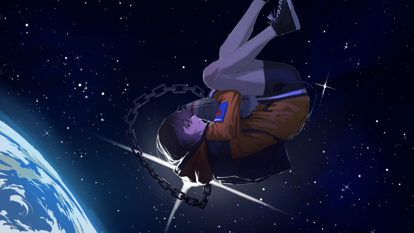 1girl black_footwear black_hair black_shorts chain closed_mouth commentary_request earth_(planet) full_body highres jacket object_hug orange_jacket original planet shibainu_illust shoes short_hair shorts sky sneakers solo space star_(sky) starry_sky