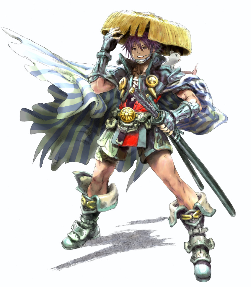 1boy absurdres armor cape commentary_request fingerless_gloves full_body gloves hand_on_headwear hat helmet highres holding holding_sheath japanese_armor kabuto_(helmet) katana male_focus original purple_hair samurai sheath simple_background solo straw_hat sword teeth toned toned_male weapon white_background white_footwear yasuda_akira