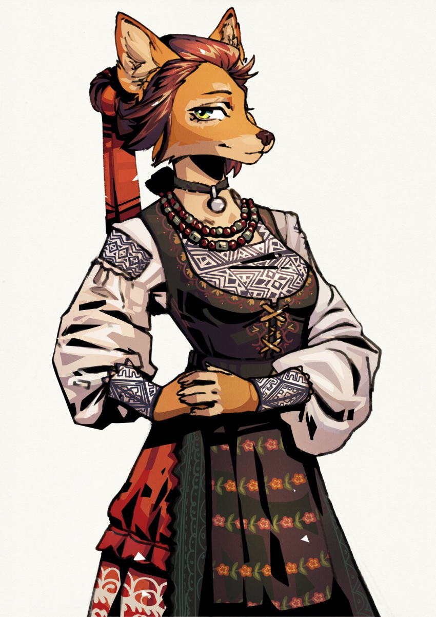 anthro bottomwear canid canine cerbera clothed clothing detailed_clothing female fox hands_together headgear hi_res jewelry looking_at_viewer mammal necklace simple_background skirt smile smiling_at_viewer solo white_background